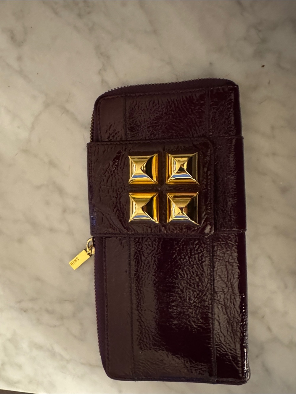 Patent Plum Wristlet Clutch with Gold Pyramid Studs